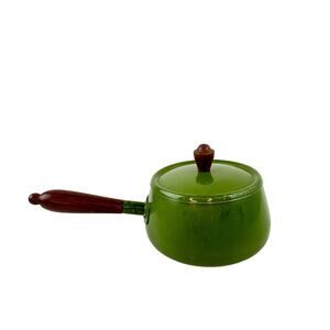 Vintage Tiny Avocado Fondue Pot Aluminum Wooden Single Handle with Lid